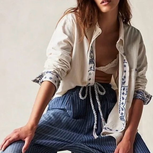 We The Free Tops - We The Free Free People Two To One Shirt in Ivory Combo Size Large NWOT